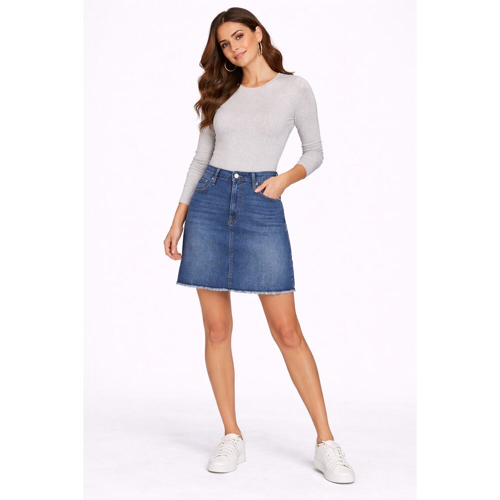 DKNY Mid Rise Denim Skirt Fringe Hem Womens Size 12 Medium Wash New